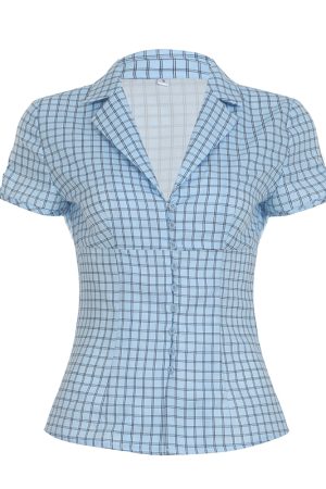 Y2K Blue and White Checkered Short-Sleeve Cropped Shirt for Women - Slimming Fit, Versatile Casual Top, Spicy Girl Style