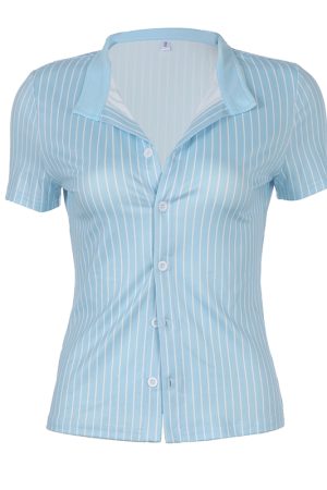 Y2K Blue and White Checkered Short-Sleeve Cropped Shirt for Women - Slimming Fit, Versatile Casual Top, Spicy Girl Style