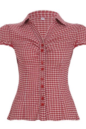 Y2K Blue and White Checkered Short-Sleeve Cropped Shirt for Women - Slimming Fit, Versatile Casual Top, Spicy Girl Style