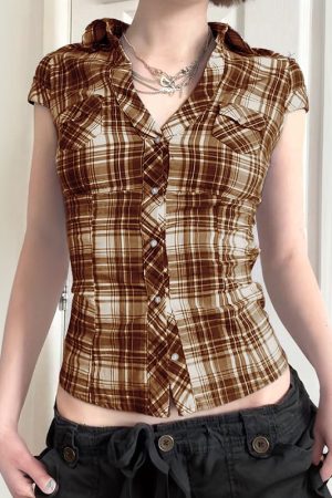 Y2K Blue and White Checkered Short-Sleeve Cropped Shirt for Women - Slimming Fit, Versatile Casual Top, Spicy Girl Style