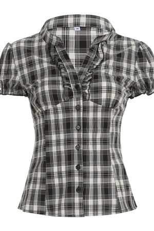 Y2K Blue and White Checkered Short-Sleeve Cropped Shirt for Women - Slimming Fit, Versatile Casual Top, Spicy Girl Style