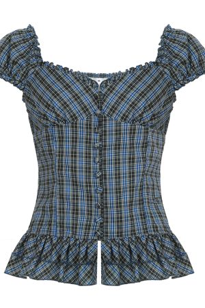 Y2K Blue and White Checkered Short-Sleeve Cropped Shirt for Women - Slimming Fit, Versatile Casual Top, Spicy Girl Style