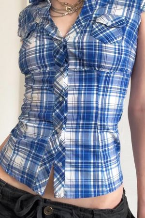 Y2K Blue and White Checkered Short-Sleeve Cropped Shirt for Women - Slimming Fit, Versatile Casual Top, Spicy Girl Style