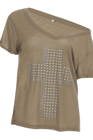 Y2K Cross Copper Foil V-Neck Short Sleeve T-Shirt for Women - Casual Loose Slimming Versatile Trendy Top