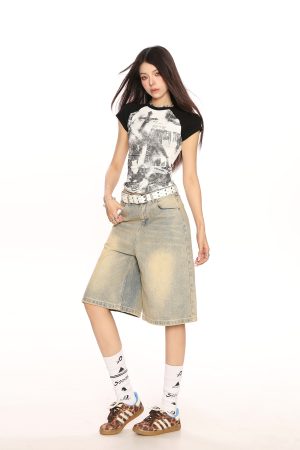 Y2K Cross Graffiti Short Sleeve T-Shirt for Women - Summer Slim Fit Cool Top, Streetwear Inspired Subculture Style