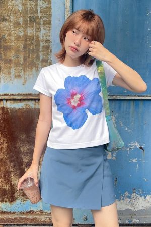 Y2K Floral Off-Shoulder Short Sleeve Crop Top for Women - Slim Fit American Retro Style Trendy Millennial Fashion