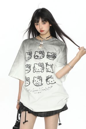 Y2K Gradient Hello Kitty Short Sleeve T-Shirt for Women - Summer Slim Fit Trendy Top