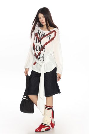 Y2K Heart Graffiti Tie-Shoulder Long Sleeve T-Shirt for Women, Summer Thin Cover-Up, Casual Trendy Style