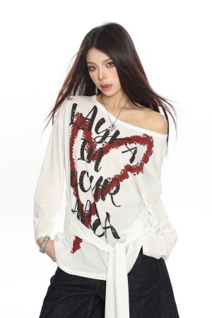Y2K Heart Graffiti Tie-Shoulder Long Sleeve T-Shirt for Women, Summer Thin Cover-Up, Casual Trendy Style