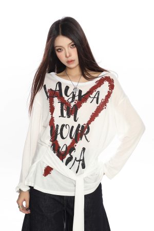 Y2K Heart Graffiti Tie-Shoulder Long Sleeve T-Shirt for Women, Summer Thin Cover-Up, Casual Trendy Style