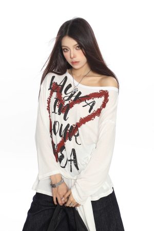 Y2K Heart Graffiti Tie-Shoulder Long Sleeve T-Shirt for Women, Summer Thin Cover-Up, Casual Trendy Style