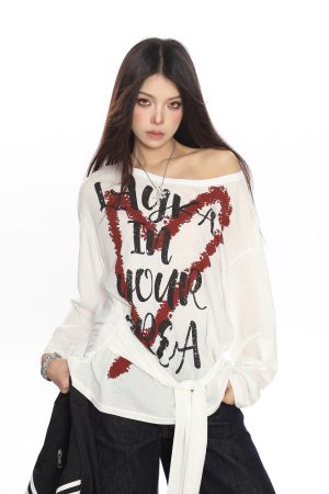 Y2K Heart Graffiti Tie-Shoulder Long Sleeve T-Shirt for Women, Summer Thin Cover-Up, Casual Trendy Style