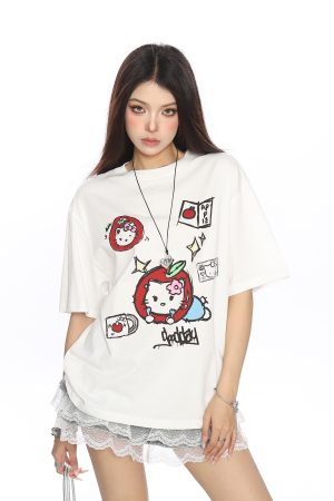 Y2K Hello Kitty Graffiti Print Short Sleeve T-Shirt for Women - Sweet Cool Casual Slim Fit Summer Top