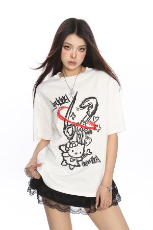 Y2K Hello Kitty Graffiti Print Short Sleeve T-Shirt for Women - Sweet Cool Casual Slim Fit Summer Top