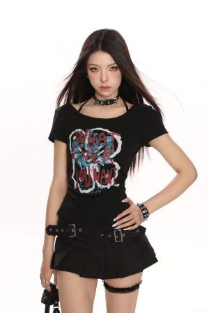 Y2K Hot Girl Graffiti One-Shoulder Short Sleeve T-Shirt for Women - Trendy Slim Fit Summer Top