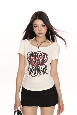 Y2K Hot Girl Graffiti One-Shoulder Short Sleeve T-Shirt for Women - Trendy Slim Fit Summer Top