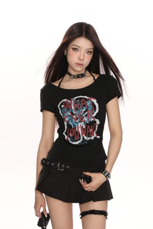 Y2K Hot Girl Graffiti One-Shoulder Short Sleeve T-Shirt for Women - Trendy Slim Fit Summer Top
