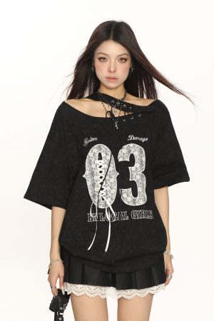 Y2K Lace Tie Asymmetrical Shoulder Short Sleeve T-Shirt for Women - Slimming Off-Shoulder Summer Top - Trendy Fashion Style