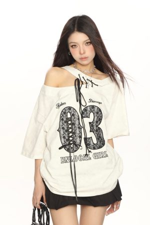 Y2K Lace Tie Asymmetrical Shoulder Short Sleeve T-Shirt for Women - Slimming Off-Shoulder Summer Top - Trendy Fashion Style