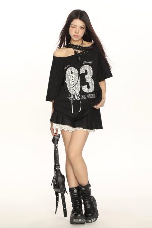 Y2K Lace Tie Asymmetrical Shoulder Short Sleeve T-Shirt for Women - Slimming Off-Shoulder Summer Top - Trendy Fashion Style