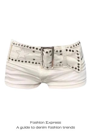 Y2K Low-Waist White Denim Shorts with Studded Belt - Body-Hugging Wide-Leg Hot Pants for Women - Trendy Autumn & Winter Fashion