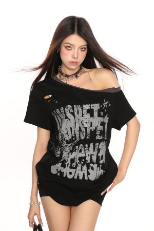 Y2K Punk Graffiti Ripped Asymmetrical Shoulder Short Sleeve T-Shirt for Women - Summer Slim Fit Off-Shoulder Top