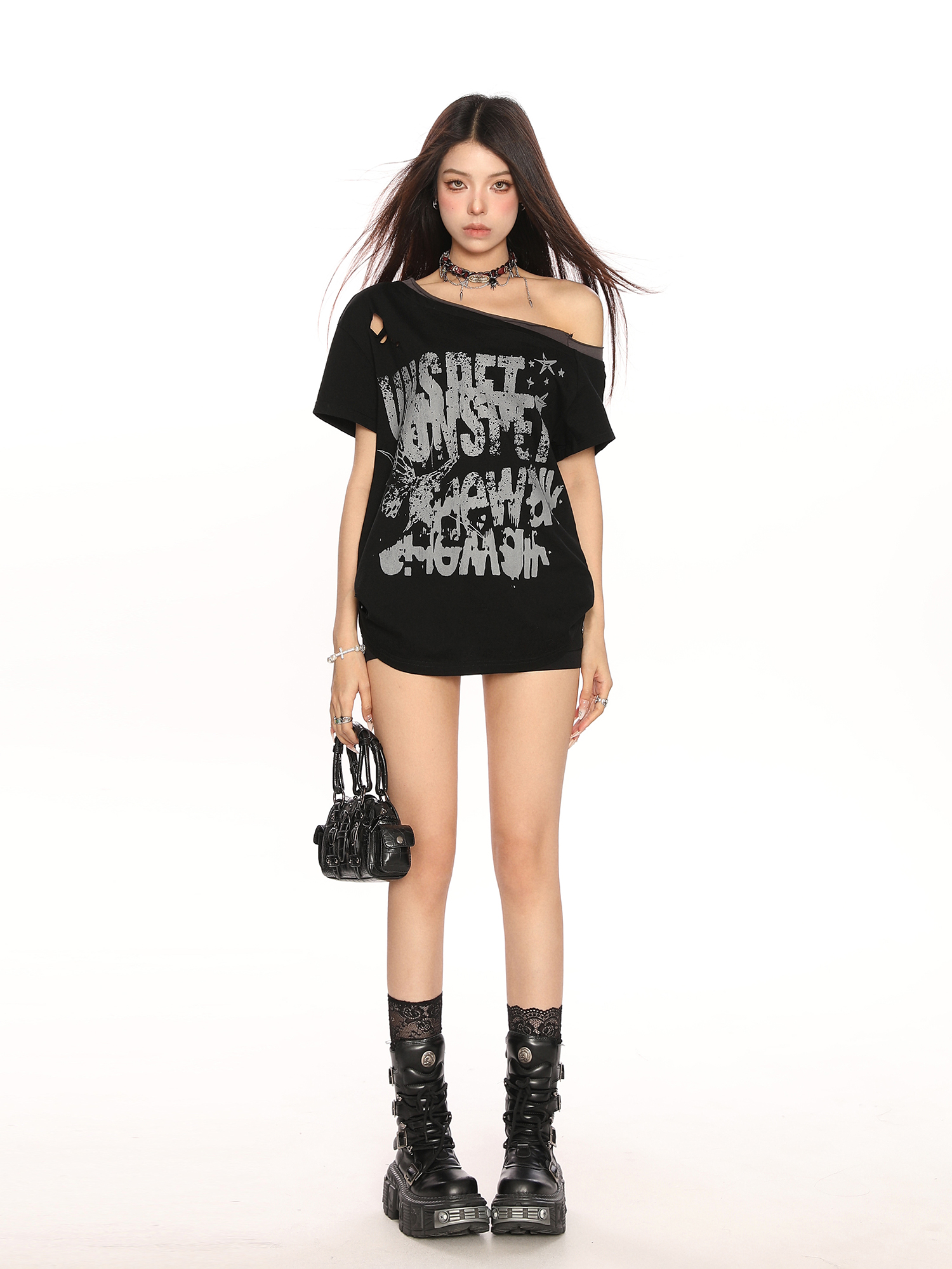 Y2K Punk Graffiti Ripped Asymmetrical Shoulder Short Sleeve T-Shirt for Women - Summer Slim Fit Off-Shoulder Top Y2K Punk Graffiti Ripped Asymmetrical Shoulder Short Sleeve T-Shirt for Women - Summer Slim Fit Off-Shoulder Top