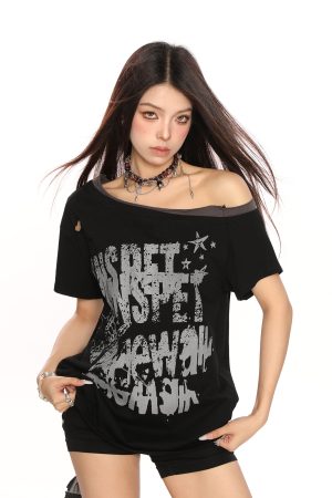 Y2K Punk Graffiti Ripped Asymmetrical Shoulder Short Sleeve T-Shirt for Women - Summer Slim Fit Off-Shoulder Top