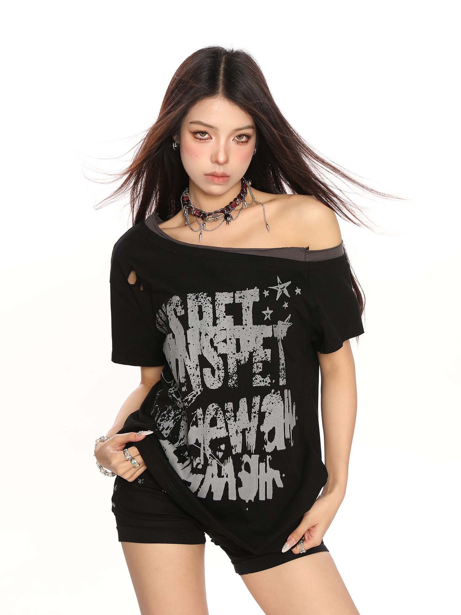 Y2K Punk Graffiti Ripped Asymmetrical Shoulder Short Sleeve T-Shirt for Women - Summer Slim Fit Off-Shoulder Top Y2K Punk Graffiti Ripped Asymmetrical Shoulder Short Sleeve T-Shirt for Women - Summer Slim Fit Off-Shoulder Top