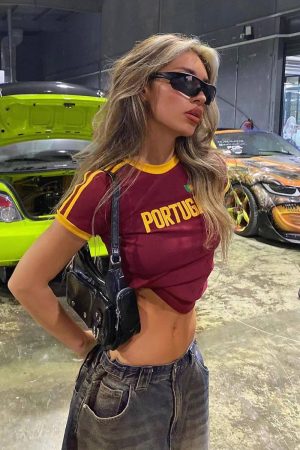 Y2K Retro Football Shirt for Women - Wine Red Short Sleeve Off-Shoulder Slim Fit Cropped T-Shirt