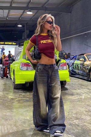 Y2K Retro Football Shirt for Women - Wine Red Short Sleeve Off-Shoulder Slim Fit Cropped T-Shirt