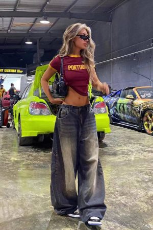 Y2K Retro Football Shirt for Women - Wine Red Short Sleeve Off-Shoulder Slim Fit Cropped T-Shirt