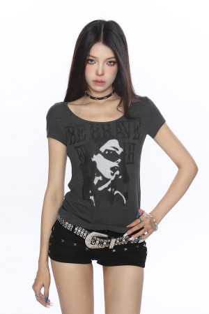 Y2K Slim-Fit Cropped T-Shirt for Women, American-Style Spicy Girl Portrait Print, Short Sleeve Summer Top