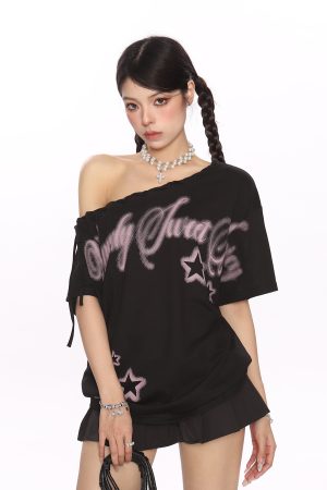 Y2K Star Graffiti Off-Shoulder Short Sleeve T-Shirt for Women - Slim Fit Strap Shoulder Summer Top for Cool Style