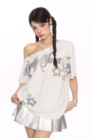 Y2K Star Graffiti Off-Shoulder Short Sleeve T-Shirt for Women - Slim Fit Strap Shoulder Summer Top for Cool Style