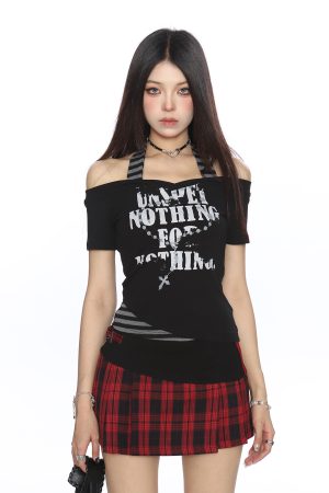 Y2K Subculture One-Shoulder Neck Strap Short Sleeve T-Shirt for Women - Slim Fit Summer Top in Sweet Cool Style