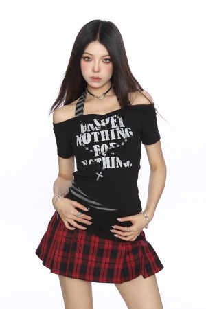 Y2K Subculture One-Shoulder Neck Strap Short Sleeve T-Shirt for Women - Slim Fit Summer Top in Sweet Cool Style