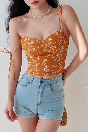 Yellow Floral Spaghetti Strap Vintage Casual Top - French Hot Girl Vacation Style, Y2K Inspired Fashion Shirt