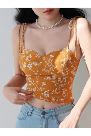 Yellow Floral Spaghetti Strap Vintage Casual Top - French Hot Girl Vacation Style, Y2K Inspired Fashion Shirt