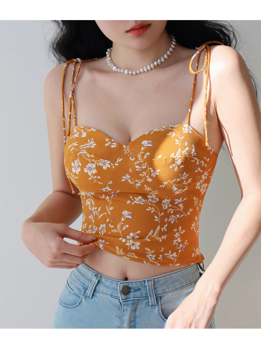Yellow Floral Spaghetti Strap Vintage Casual Top - French Hot Girl Vacation Style, Y2K Inspired Fashion Shirt Yellow Floral Spaghetti Strap Vintage Casual Top - French Hot Girl Vacation Style, Y2K Inspired Fashion Shirt