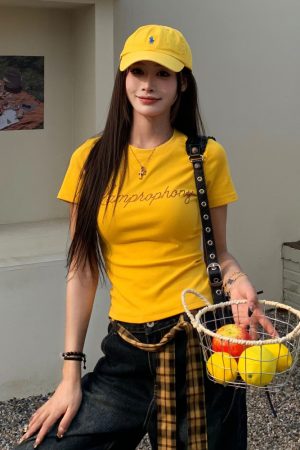 Yellow Letter Rhinestone Short Sleeve Off-Shoulder Crop Top for Women - Summer Slim Fit Hot Girl Style, 90s Inspired Fashion