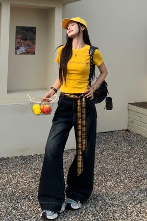 Yellow Letter Rhinestone Short Sleeve Off-Shoulder Crop Top for Women - Summer Slim Fit Hot Girl Style, 90s Inspired Fashion