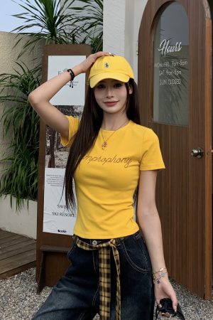 Yellow Letter Rhinestone Short Sleeve Off-Shoulder Crop Top for Women - Summer Slim Fit Hot Girl Style, 90s Inspired Fashion