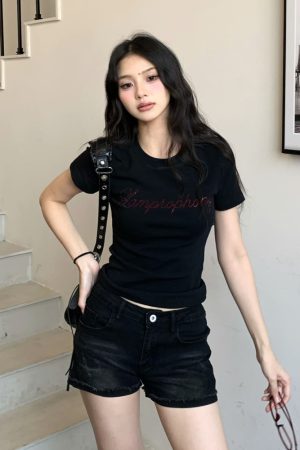 Yellow Letter Rhinestone Short Sleeve Off-Shoulder Crop Top for Women - Summer Slim Fit Hot Girl Style, 90s Inspired Fashion