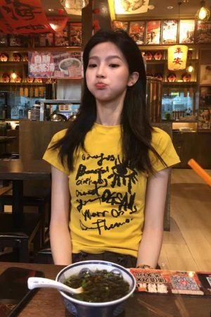 Yellow Off-Shoulder T-Shirt for Women - Graffiti Print, Short Sleeves, Slim Fit, Summer Sweet and Spicy Style