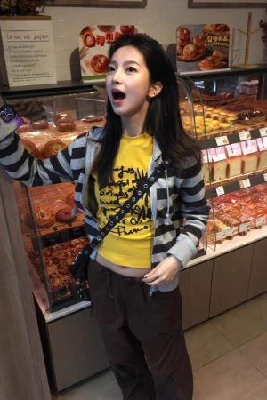 Yellow Off-Shoulder T-Shirt for Women - Graffiti Print, Short Sleeves, Slim Fit, Summer Sweet and Spicy Style