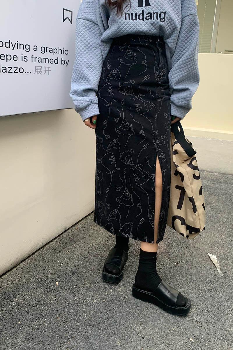 Abstract Faces Denim Midi Skirt Abstract Faces Denim Midi Skirt