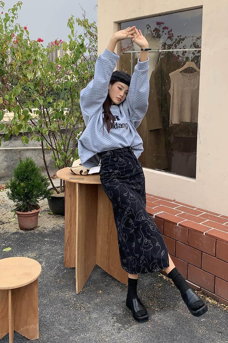 Abstract Faces Denim Midi Skirt Abstract Faces Denim Midi Skirt