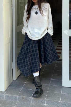 Asymmetric Plaid Midi Skirt
