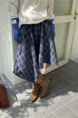 Asymmetric Plaid Midi Skirt